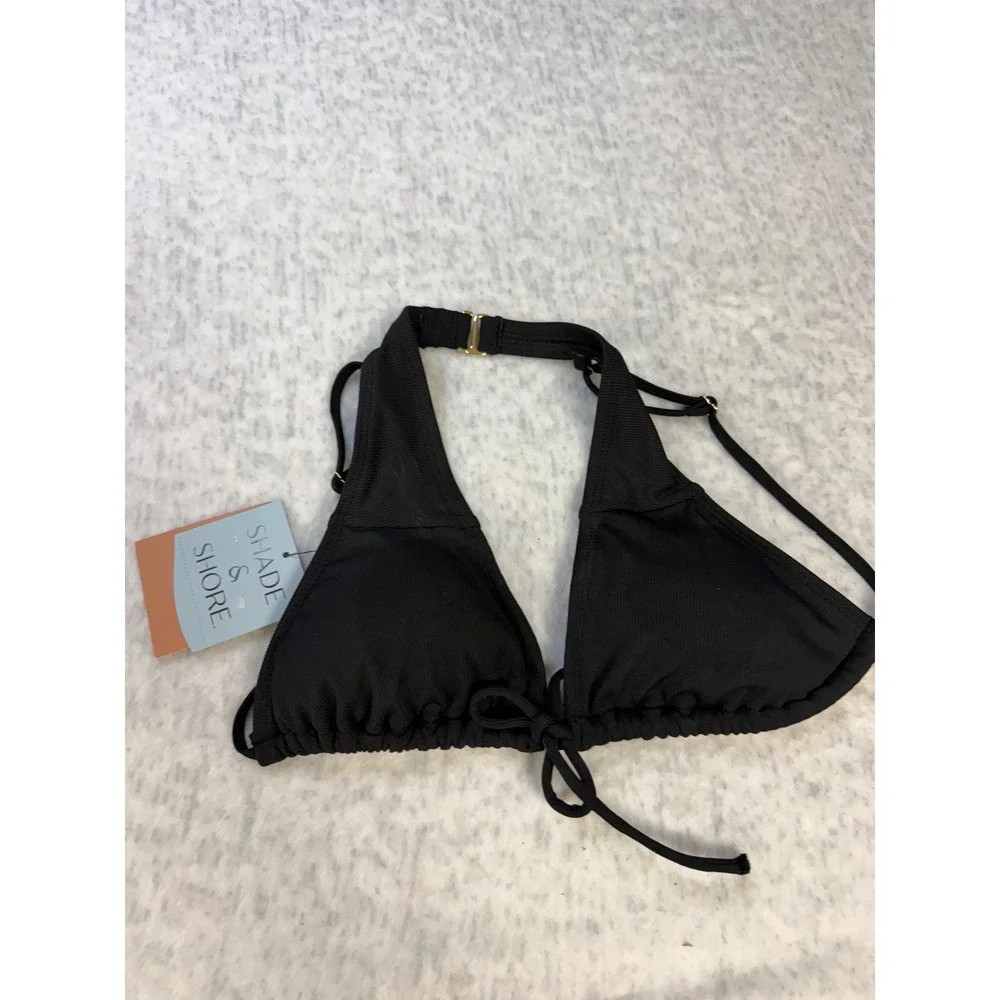 Shade & Shore Black Ribbed‎ Triangle Halter Bikini Top Size L 12-14 NEW
